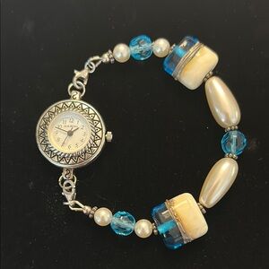 Silver and Blue Beaded Watch Bracelet